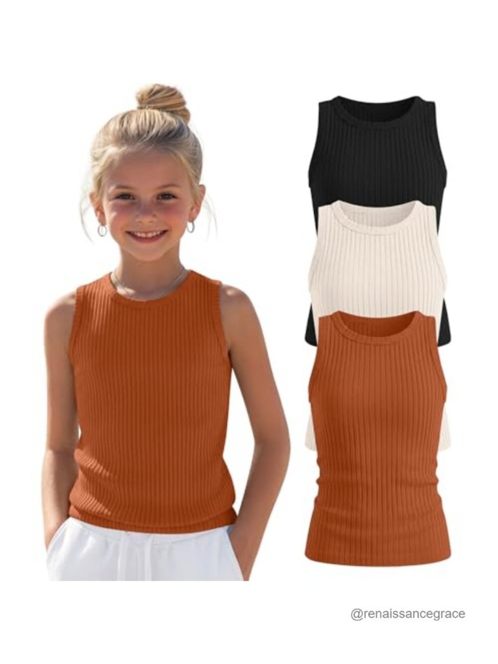 Girls Ribbed Tank Tops 3 Pack Sleeveless Crew Neck Slim Fit